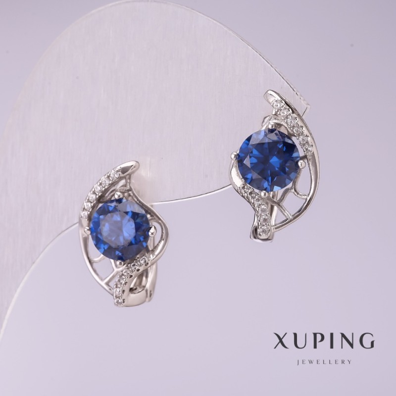 Xuping Earrings with Blue Stones 17x10mm Rhodium