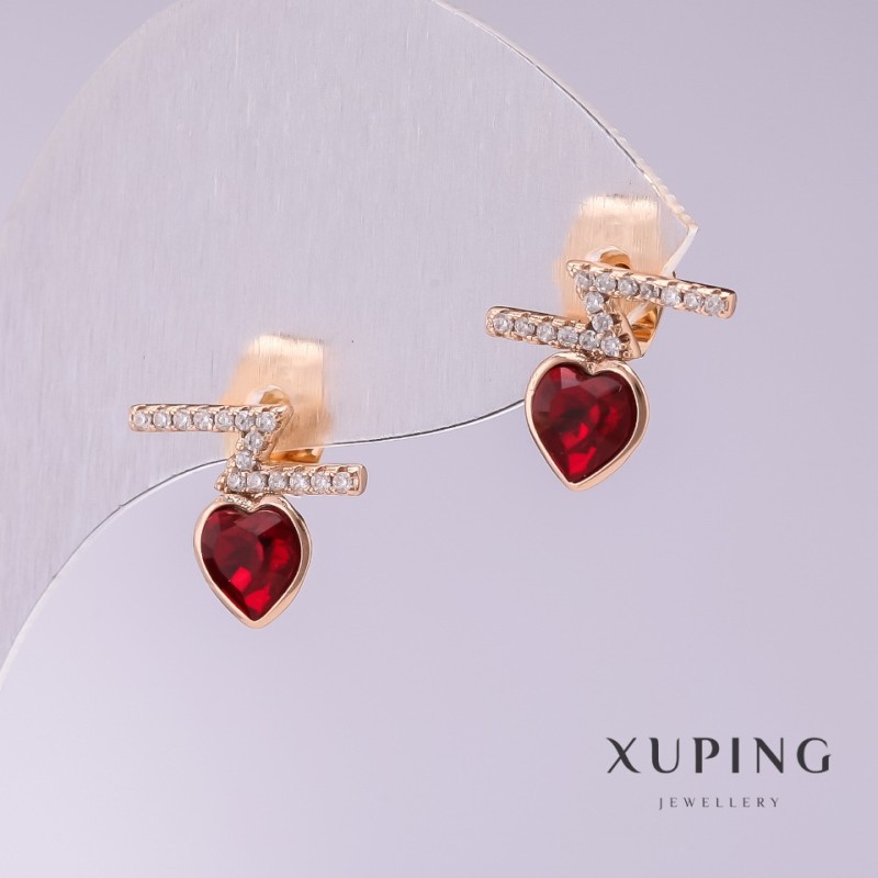 Xuping Stud Earrings with Red Heart Stones 12x11mm Gold Plated