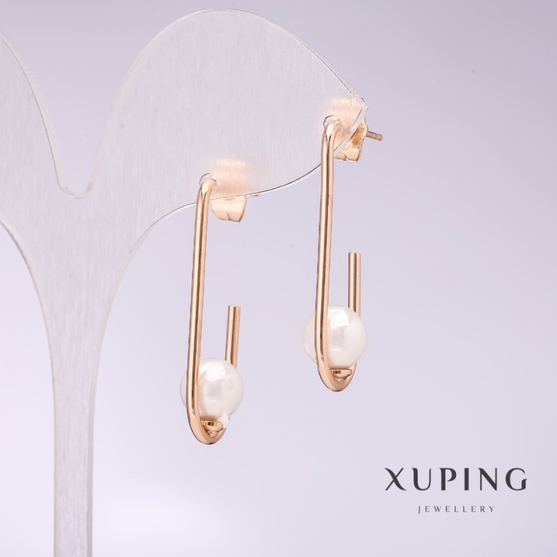 Xuping Earrings with White Majorca Pearls 34x8mm Gold Plated