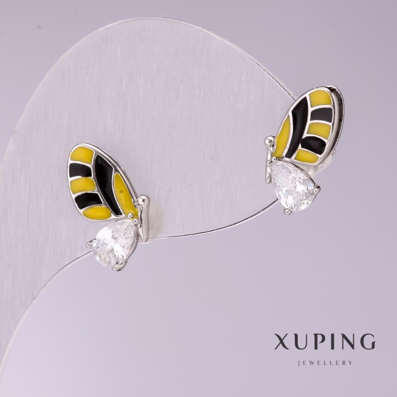 Xuping Butterflies Earrings, Yellow and Black Enamel with White Stones 14x8mm Rhodium