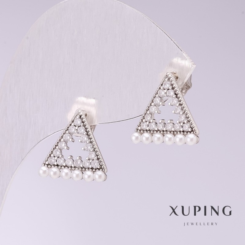 Xuping Triangles with White Majorca Pearl Earrings 13x13mm Rhodium