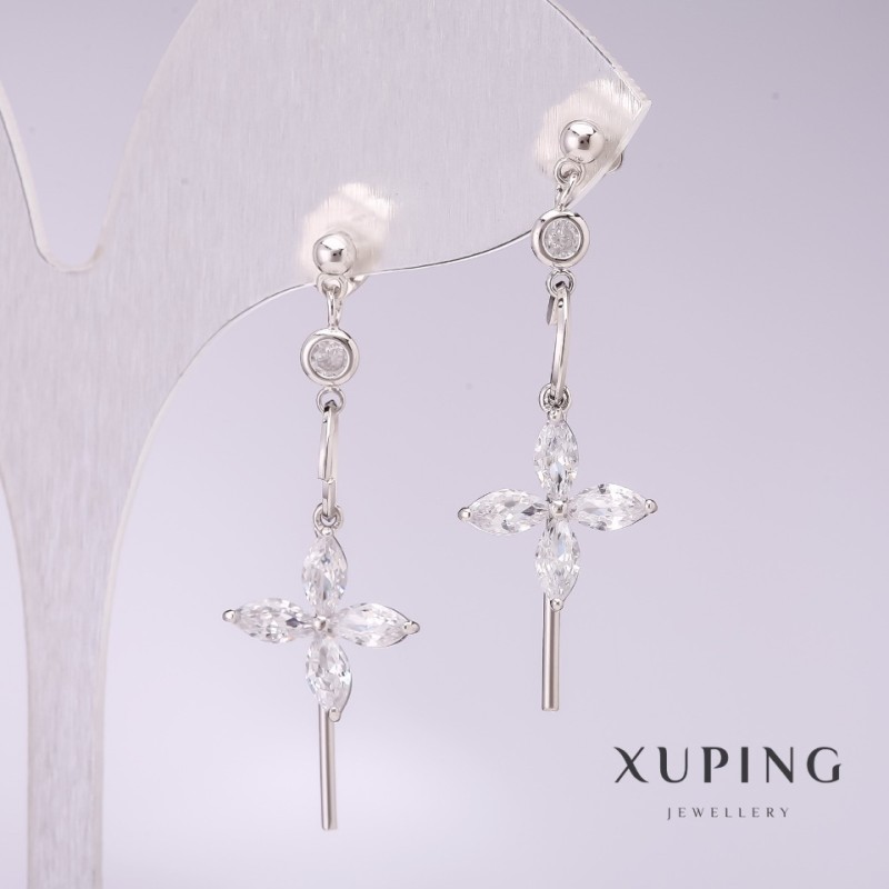 Xuping Flowers with White Stones Earrings 40x13mm Rhodium