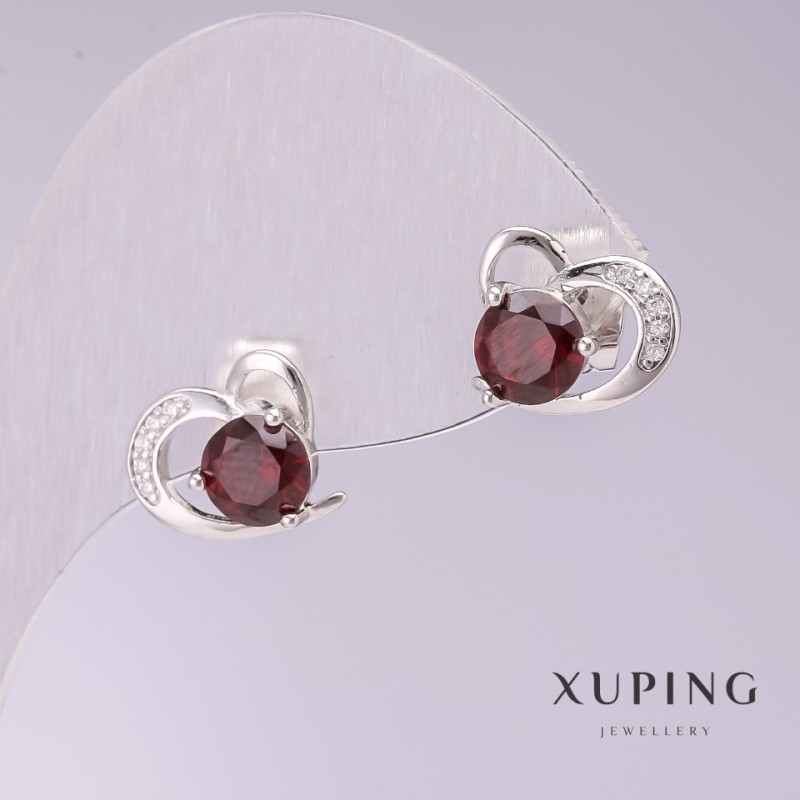 Xuping Hearts with Red Stones Earrings 10x12mm Rhodium