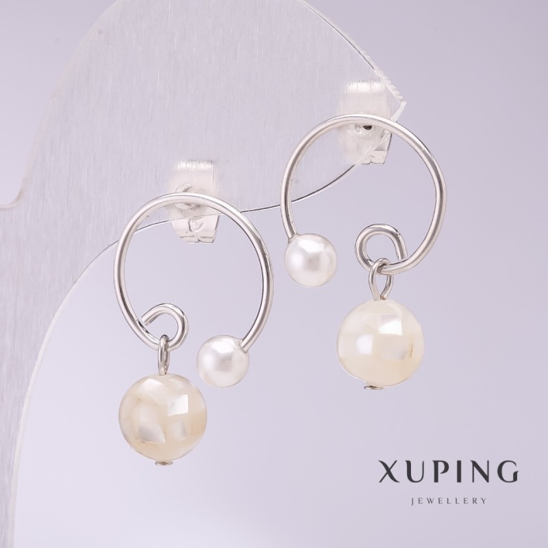 Xuping Ring Earrings with Mother-of-Pearl Beads 17x23mm Rhodium