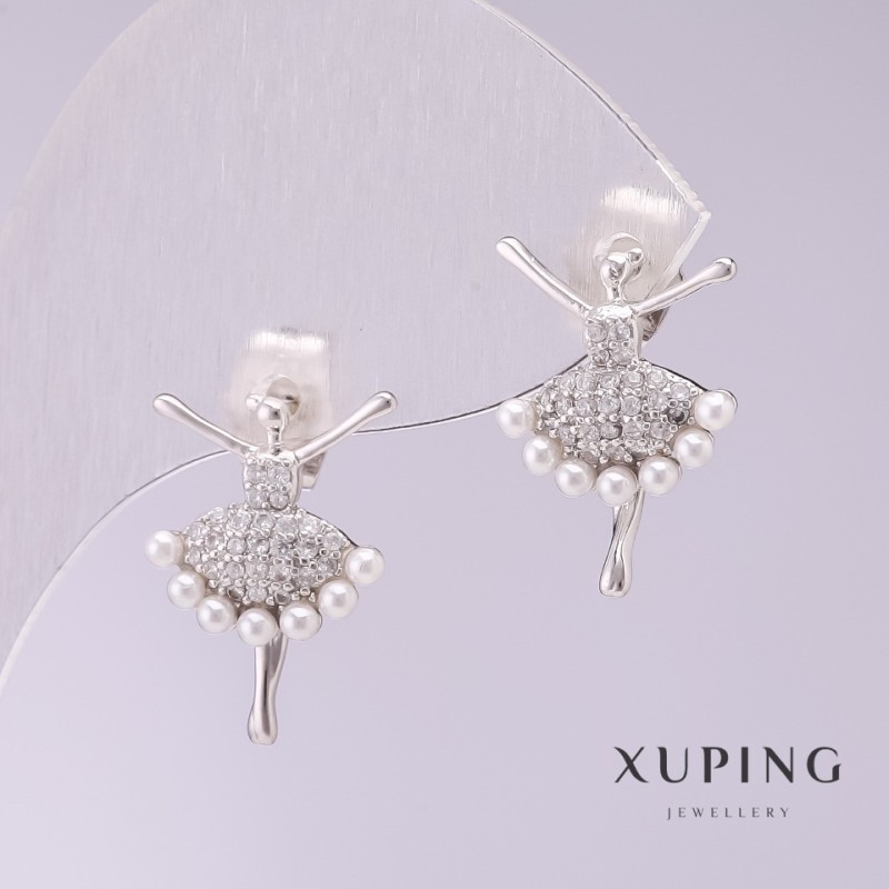 Xuping Ballerina Earrings with White Majorca Pearls 18x12mm Rhodium