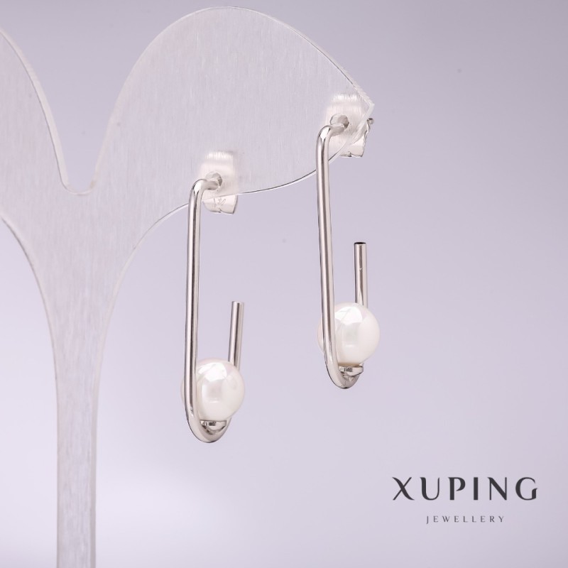 Xuping Earrings with White Majorca Pearls 33x8mm Rhodium