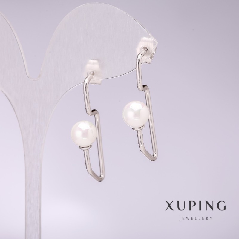 Xuping Earrings with White Majorca Pearls 34x8mm Rhodium