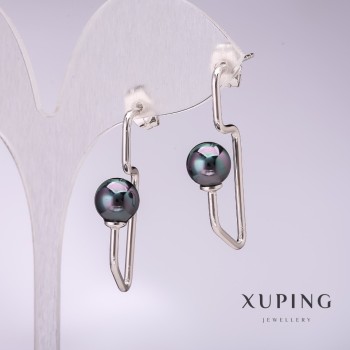 Xuping Earrings with Black Majorca Pearls 34x8mm Rhodium