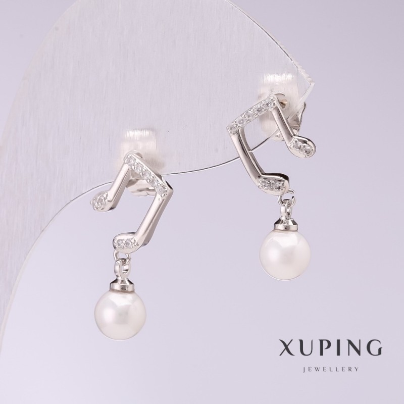 Xuping Notes Earrings with White Majorca Pearls 20x6mm Rhodium