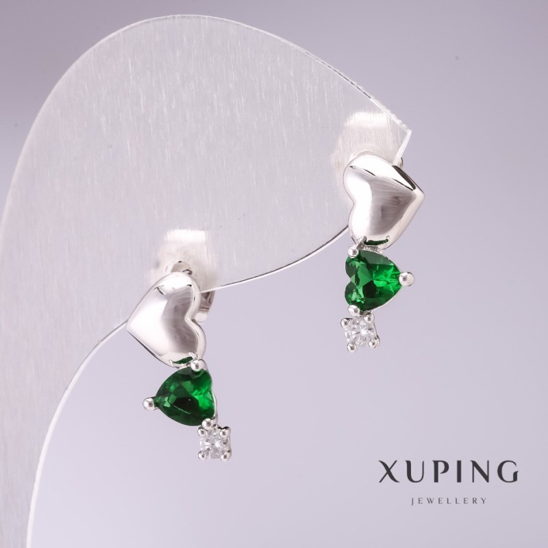 Xuping Heart Garland Earrings with Green Stones 17x7mm Rhodium