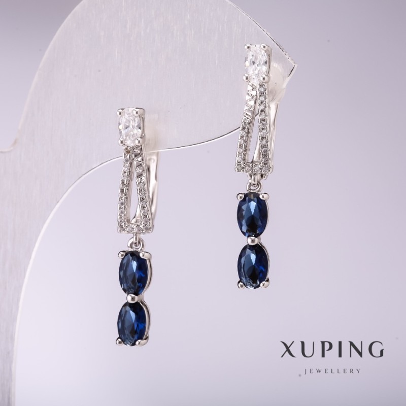 Xuping Earrings with Blue Stones 33x5mm Rhodium