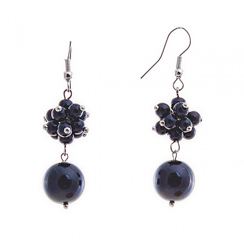 Drop Earrings with Small and Large Black Agate, Silver-Tone Metal, 40mm