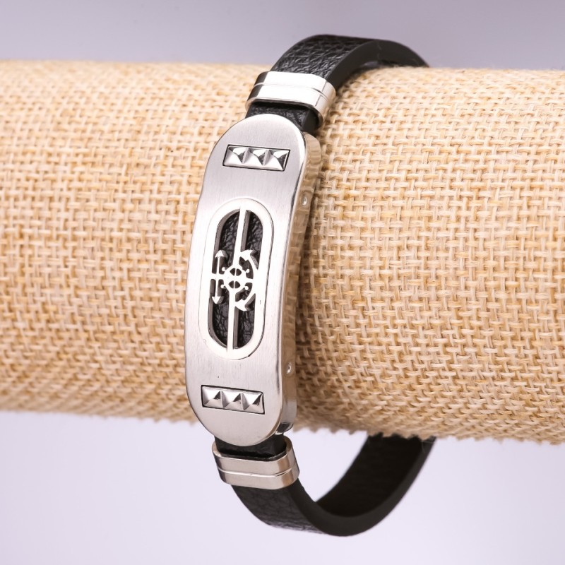 Eco-Leather Anchor Bracelet, 20cm Length, 10mm Thickness, Rhodium Color