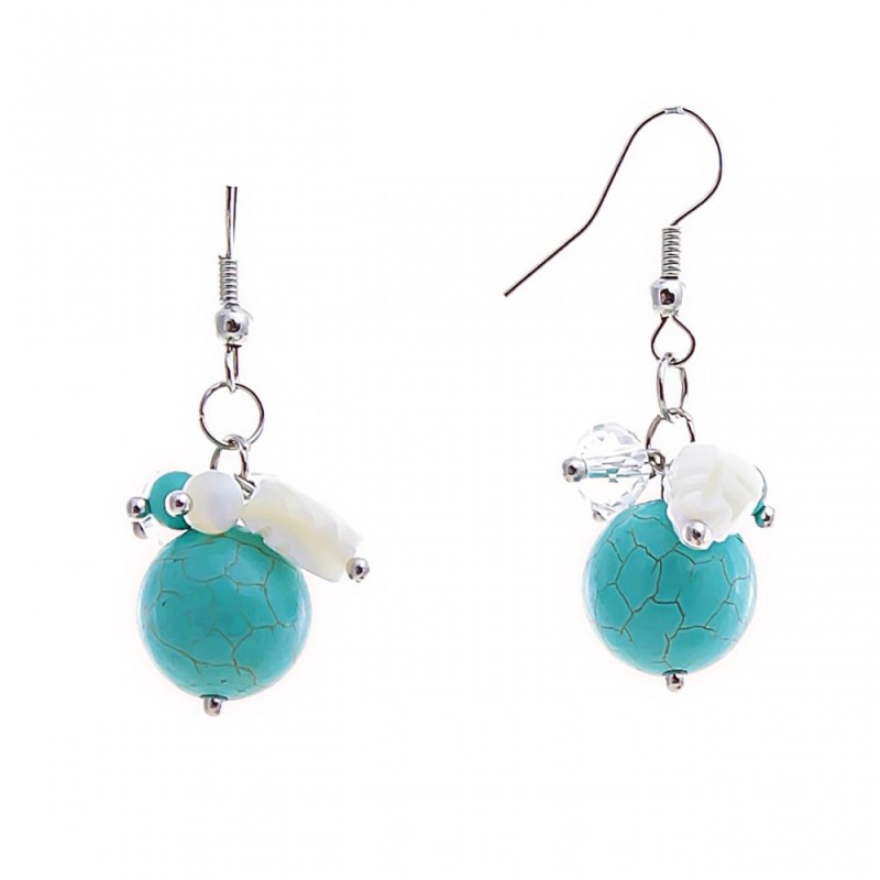Drop Earrings with Small Colored Beads and Large Pressed Turquoise, Silver-Tone Metal, 40mm