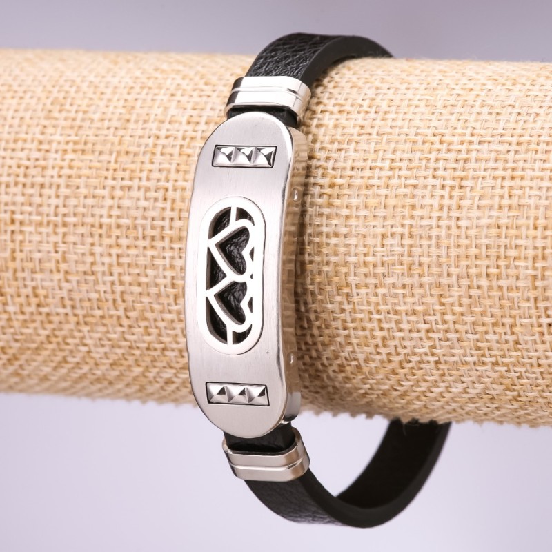 Eco-Leather Bracelet with Hearts, 20cm Length, 10mm Thickness, Rhodium Color