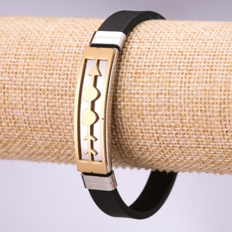 Men's Rubber Bracelet with Heart Plate, 20cm Length, 10mm Thickness, Gold-Plated and Rhodium Color