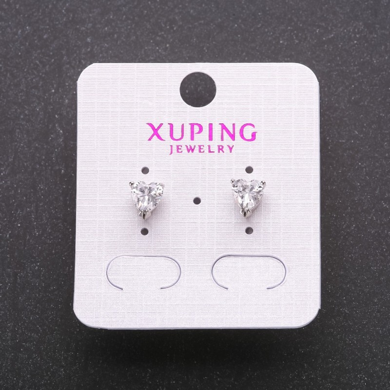 Xuping Stud Earrings with White Stones, Heart-Shaped Setting 6x7mm, Rhodium