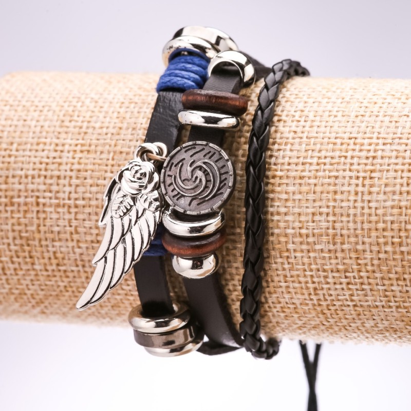 Eco Leather Bracelet Wing, Adjustable, Length 18-24cm, Black