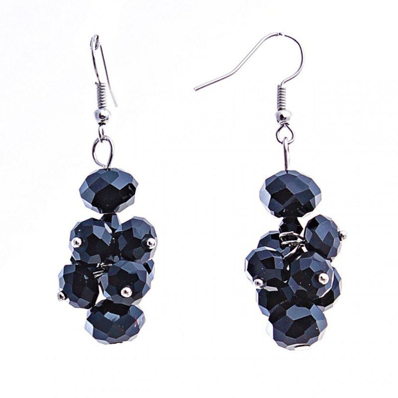 Drop Earrings with Black Faceted Stones, Silver-Tone Metal, 50mm