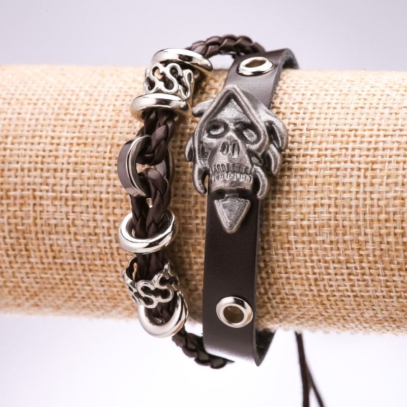 Eco Leather Bracelet Skull, Adjustable, Length 18-24cm, Brown