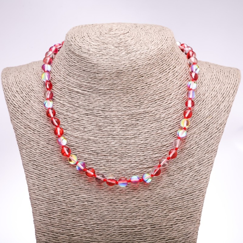 Necklace Opal Glass Red Smooth Bead, Diameter 8mm, Length 45cm