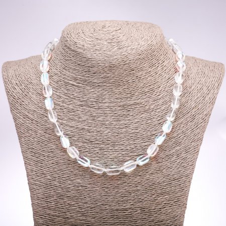 Necklace Opal Glass White Smooth Rectangle, size 10x16+/-mm, length 45cm