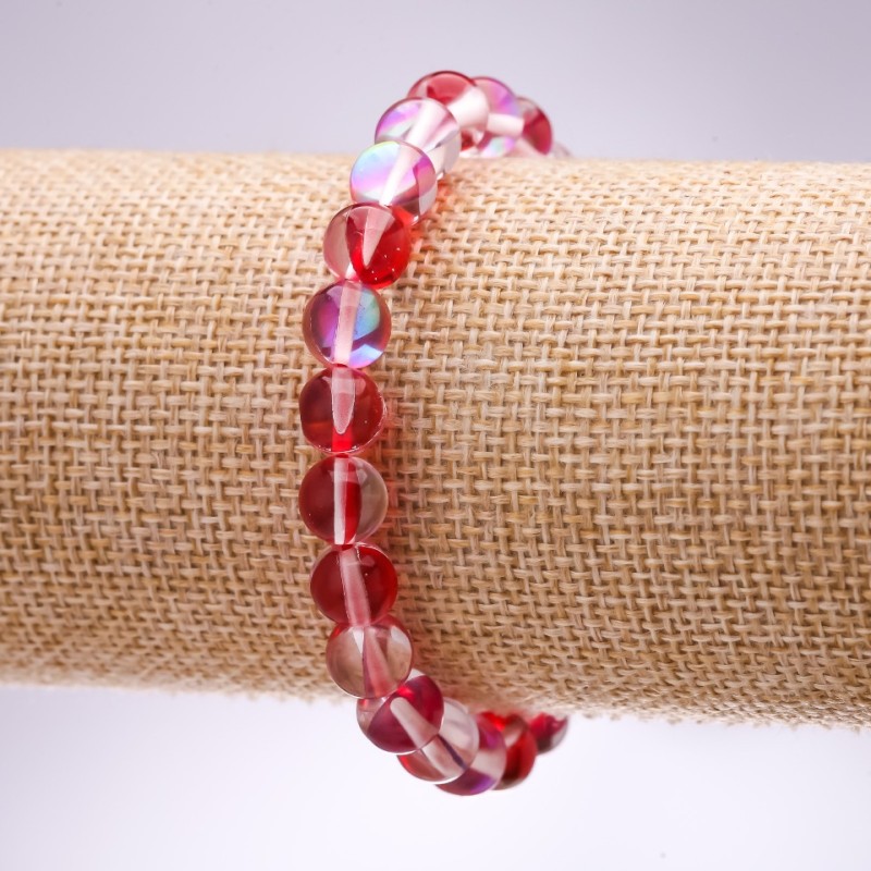 Bracelet Opal Glass Red Smooth Round, diameter 8mm, length 18cm on Elastic