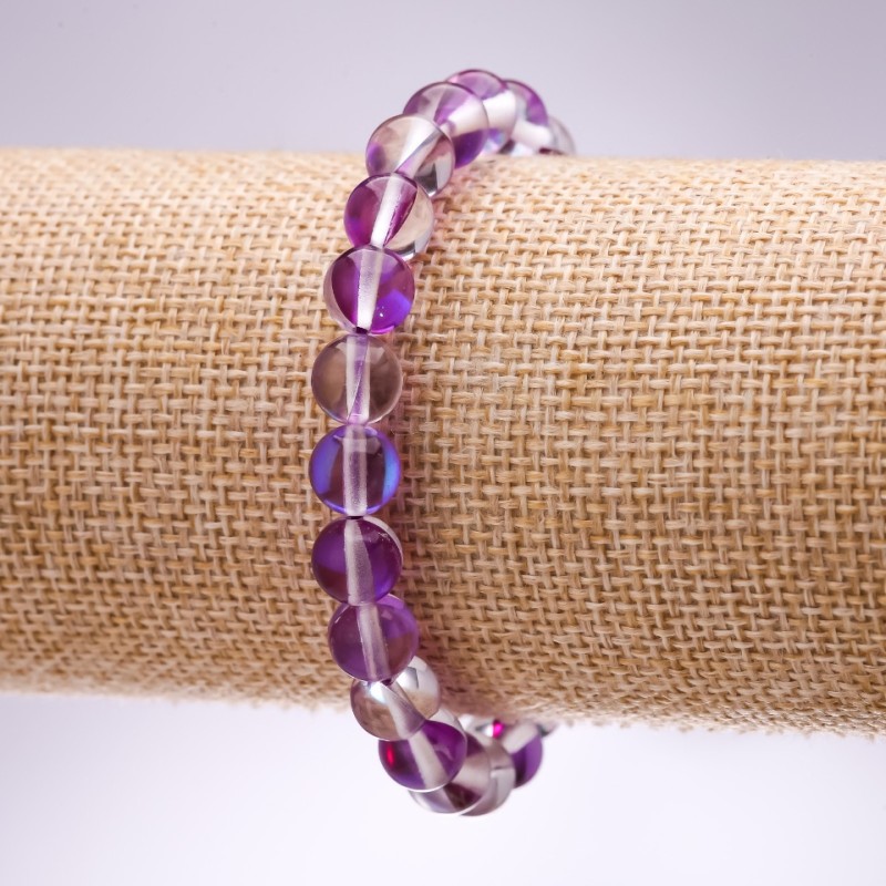 Bracelet Opal Glass Lilac Smooth Round, diameter 8mm, length 18cm on Elastic