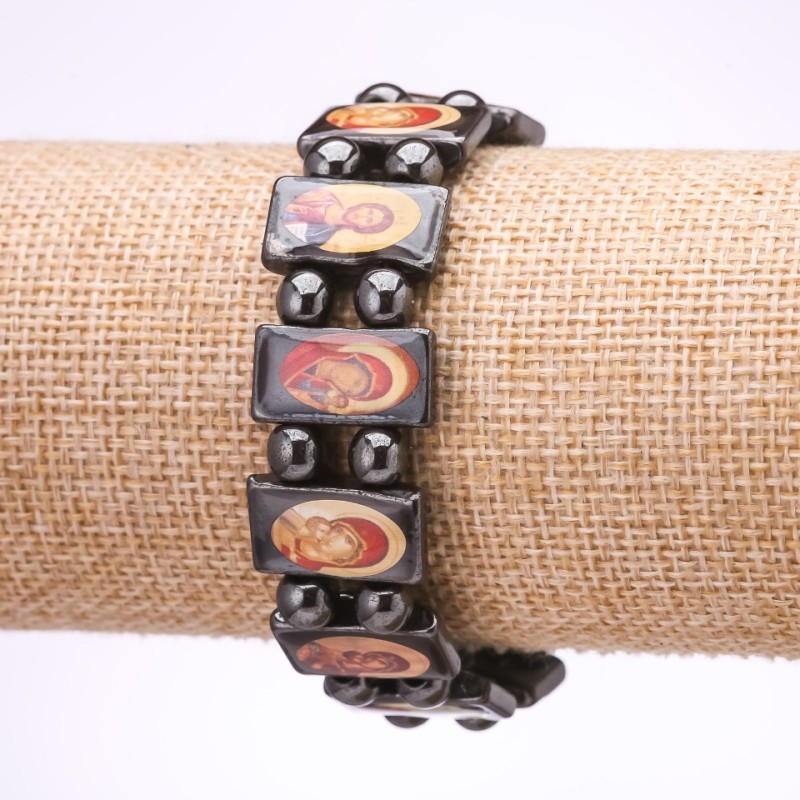 Clearance Hematite Bracelet with Icons of the Virgin Mary and Christ Pantocrator on Elastic 18x10mm Links (with defect)
