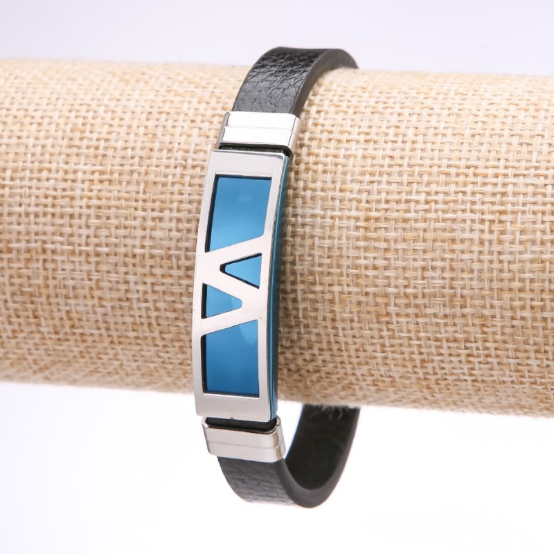 Unisex Zigzag Bracelet, Eco-Leather, Blue Steel Plate, Thickness 12mm, Length 20cm