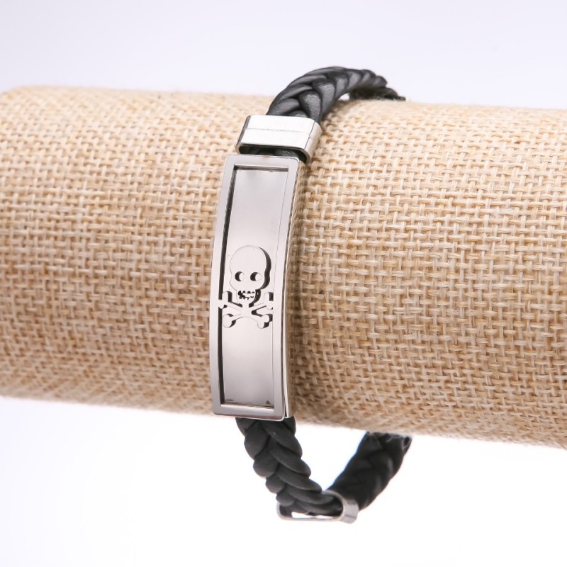 Unisex Skull Bracelet, Eco-Leather Braid, Steel Plate, Thickness 12mm, Length 20cm