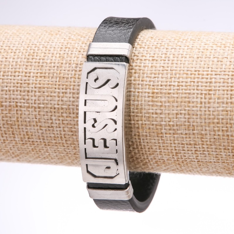 Men's Jesus Bracelet, wide eco-leather, steel plate, thickness 14-16mm, length 20cm