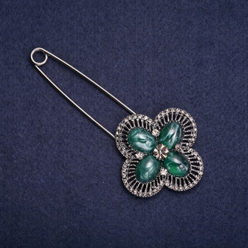 Brooch Pin with Gray Rhinestones and Green Accents 92x42mm Dark Silver-Tone Metal