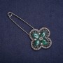 Brooch Pin with Gray Rhinestones and Green Accents 92x42mm Dark Silver-Tone Metal