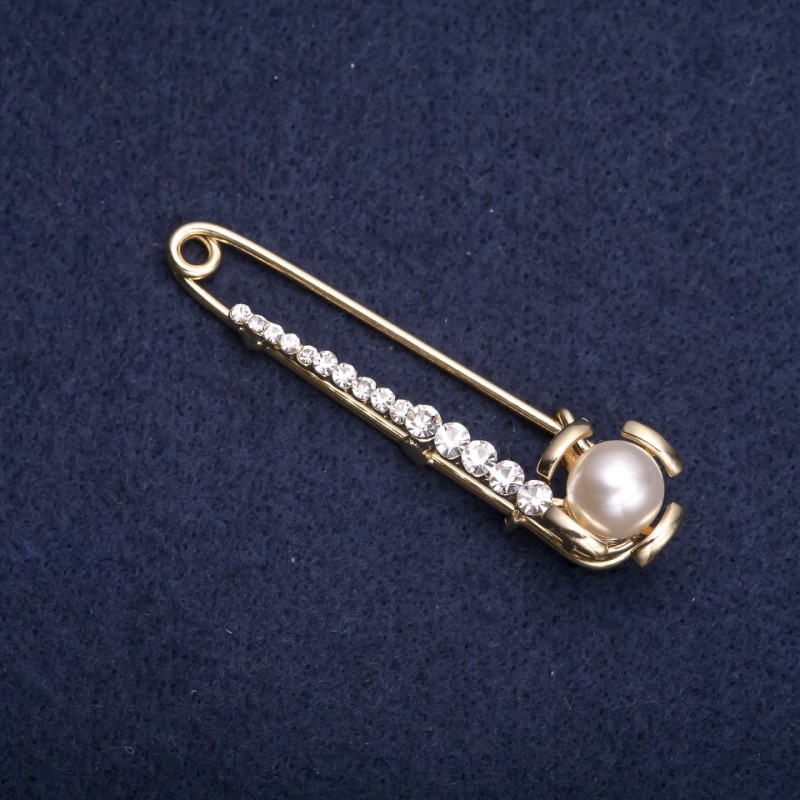 Brooch Pin with White Rhinestones and White "Pearl" 60x15mm Yellow Metal