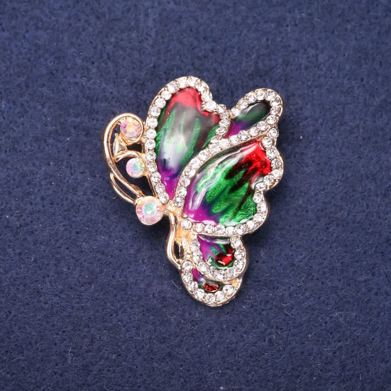 Sale! Butterfly Brooch with White Rhinestones Red, Green, Purple Enamel 40x33mm Yellow Metal