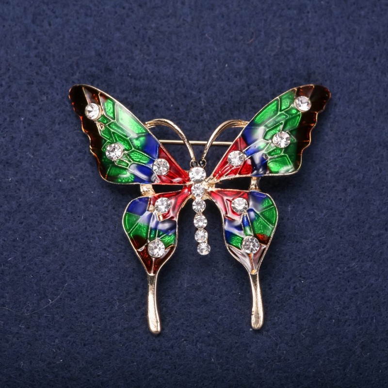 Sale! Butterfly Brooch with White Rhinestones, Red, Green, Burgundy Enamel, 49x53mm, Yellow Metal