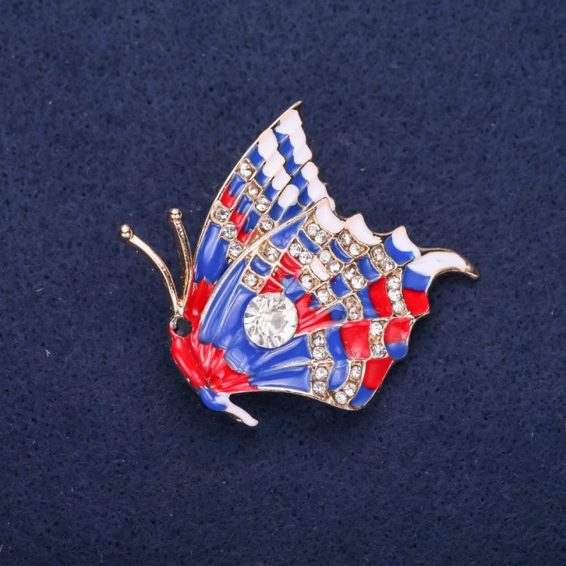 Sale! Butterfly Brooch with White Rhinestones Blue and Red Enamel 40x38mm Yellow Metal
