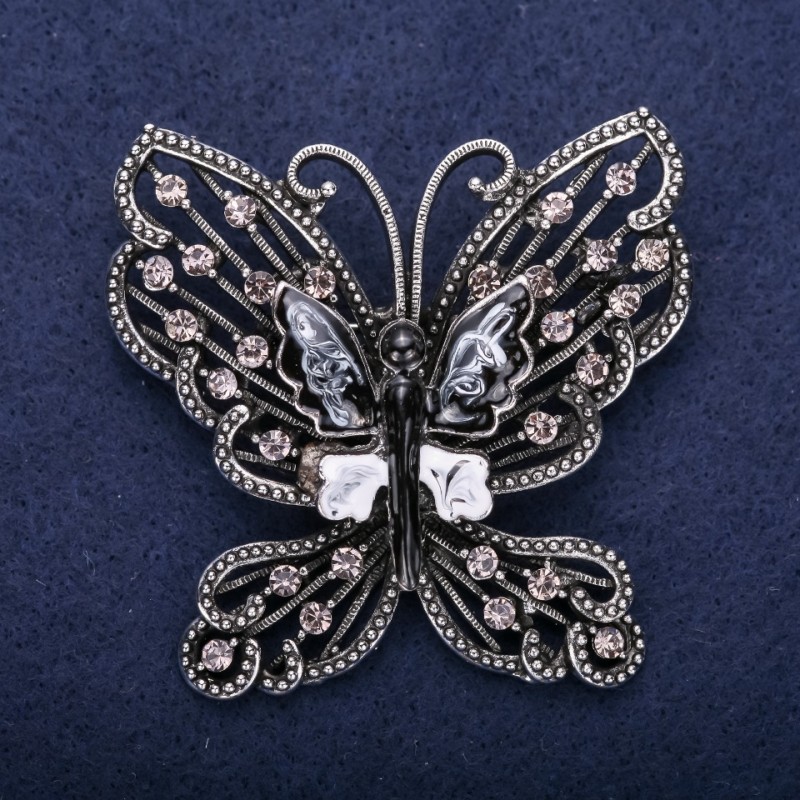 Sale! Butterfly Brooch with Gray Rhinestones, 55x57mm, Silver-Tone Metal