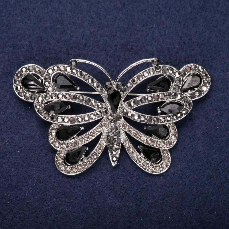 Sale! Butterfly Brooch with Black Rhinestones, 39x67mm, Silver-Tone Metal