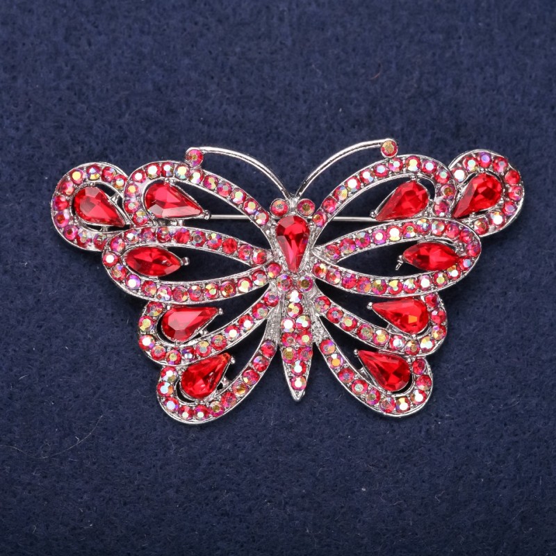 Sale! Butterfly Brooch with Red Rhinestones, 39x67mm, Silver-Tone Metal