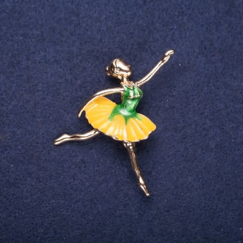 Sale! Ballerina Brooch, Yellow-Green Enamel, 45x45mm, Yellow Metal