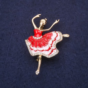 Ballerina Brooch, Red Enamel, 50x34mm, Gold-Tone Metal