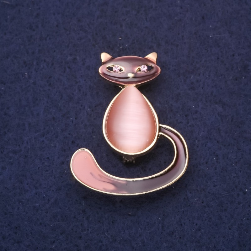 Cat Brooch with Enamel and Cat's Eye Stone, Pink-Brown Color, 37x30mm, Yellow Metal