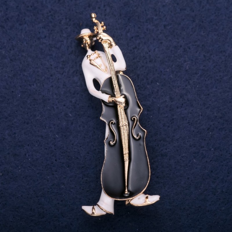 Sale! Musician Brooch, White & Black Enamel, 67x26mm, Yellow Metal