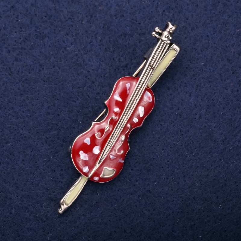 Sale! Violin Music Brooch, Burgundy Enamel, 65x17mm, Gold-Tone Metal