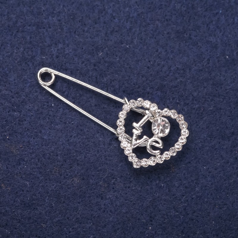 Heart LOVE Stick Pin Brooch, White Rhinestones, 43x18mm, Silver-Tone Metal