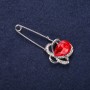 Flower Pin Brooch White Rhinestones Red Stone Color 46x19mm Silver-Tone Metal