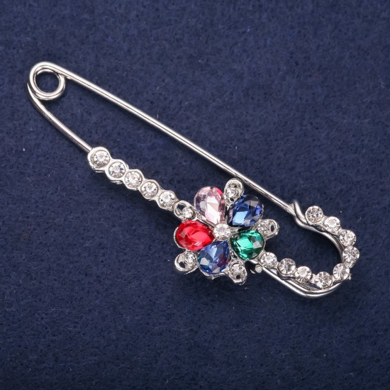 Flower Stick Pin Brooch, White Rhinestones, Blue Pink Red Green Stone Color, 76x27mm, Silver-Tone Metal