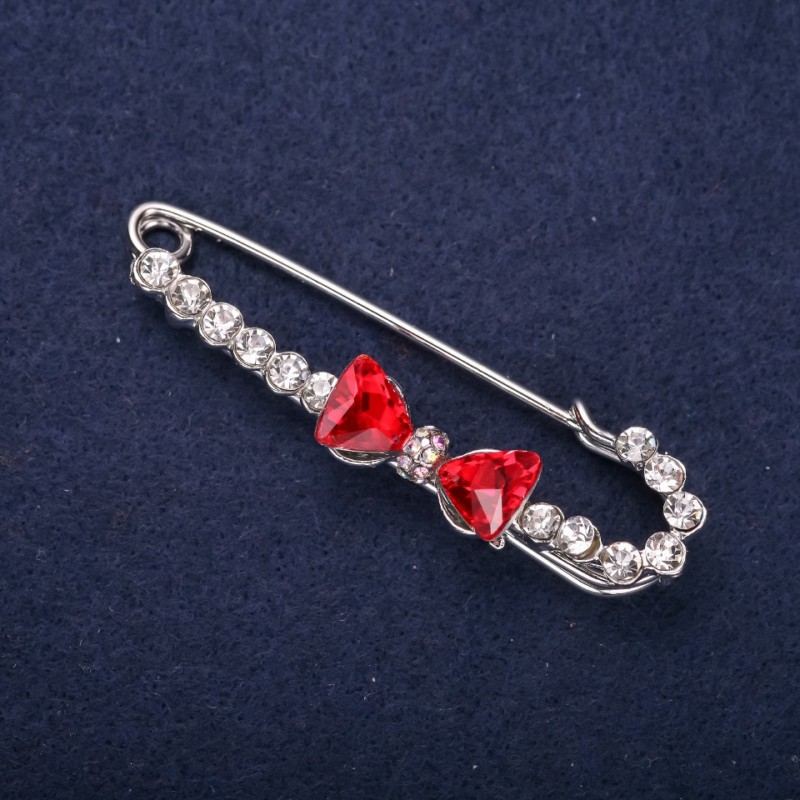 Bow Pin Brooch White Rhinestones Red Stone Color 64x18mm Silver-Tone Metal